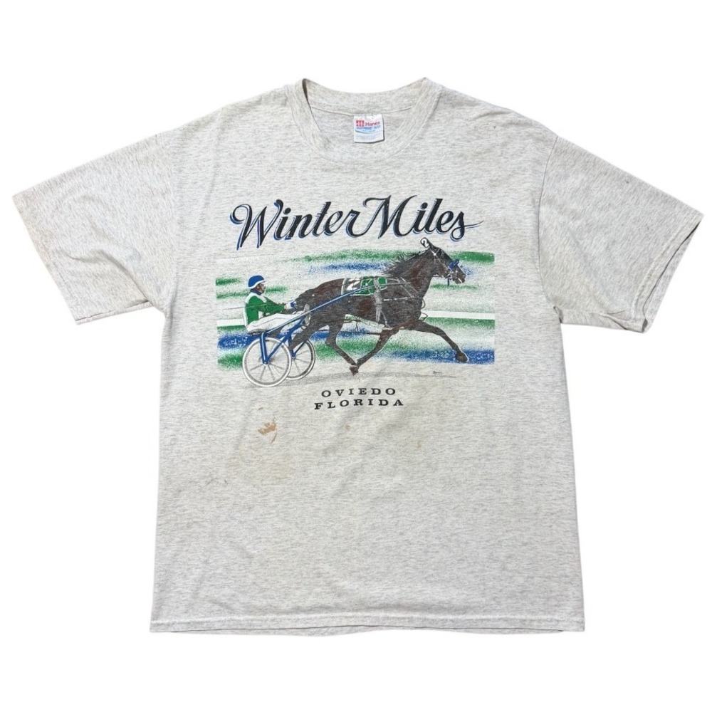Vintage 90s Winter Miles Florida Horse Racing Hanes Graphic T-shirt Gray Large